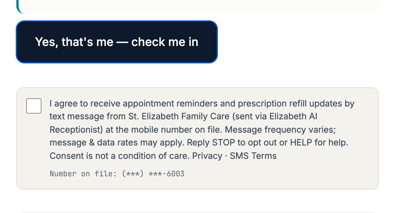 Live check-in kiosk SMS consent checkbox, unchecked by default